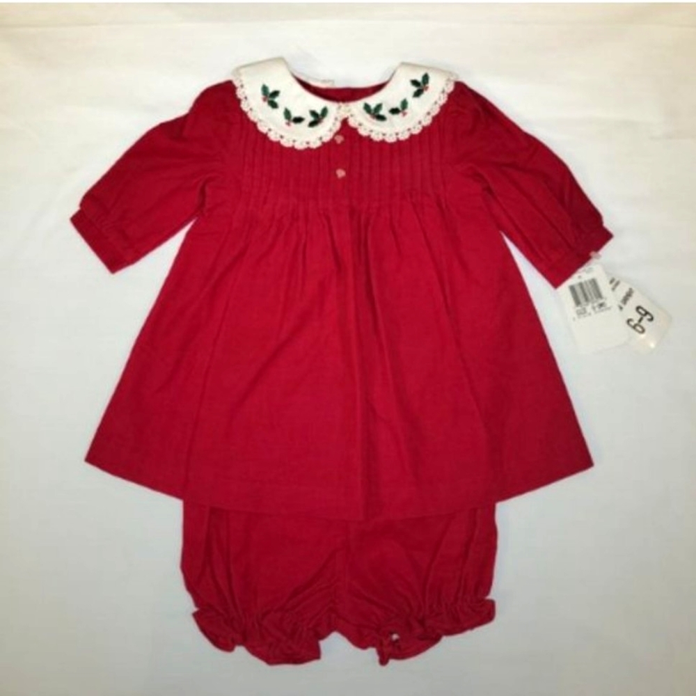 BONNIE BABY ♡ Beautiful 2pc Red Corduroy Christmas Holly Berry Dress Outfit 6-9M